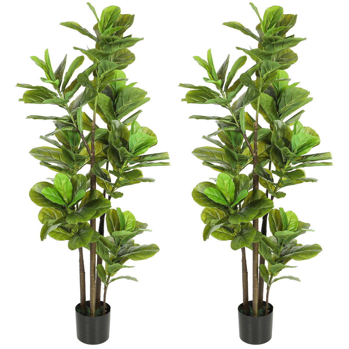 Lot de 2 plantes artificielles intérieures 150 cm, fausse plante à figuier lyre avec pot en ciment, vert-0