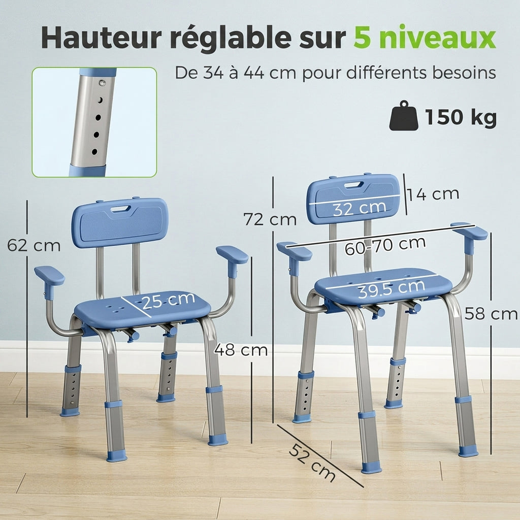 Tabouret de douche chaise de douche ergonomique avec accoudoirs, dossier, hauteur et siège réglables, bleu-2