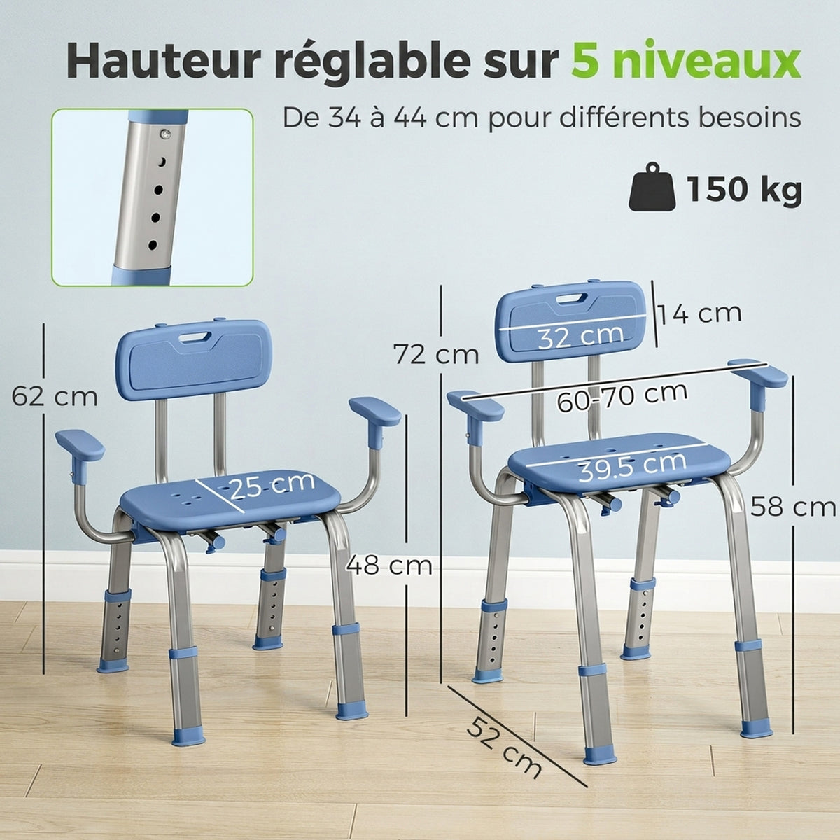 Tabouret de douche chaise de douche ergonomique avec accoudoirs, dossier, hauteur et siège réglables, bleu-2