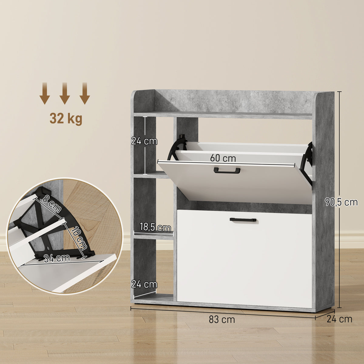 Meuble à chaussures 15 paires, armoire à chaussures moderne avec 2 tiroirs rabattables, 83x24x90,5cm, blanc et gris-2