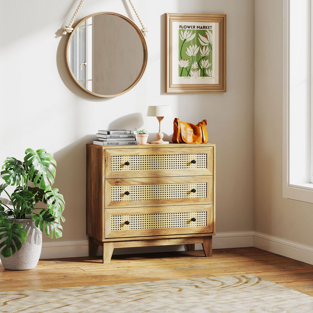 Commode 3 tiroirs meuble de rangement cannage en rotin aspect bois clair 80 x 35 x 76 cm-1