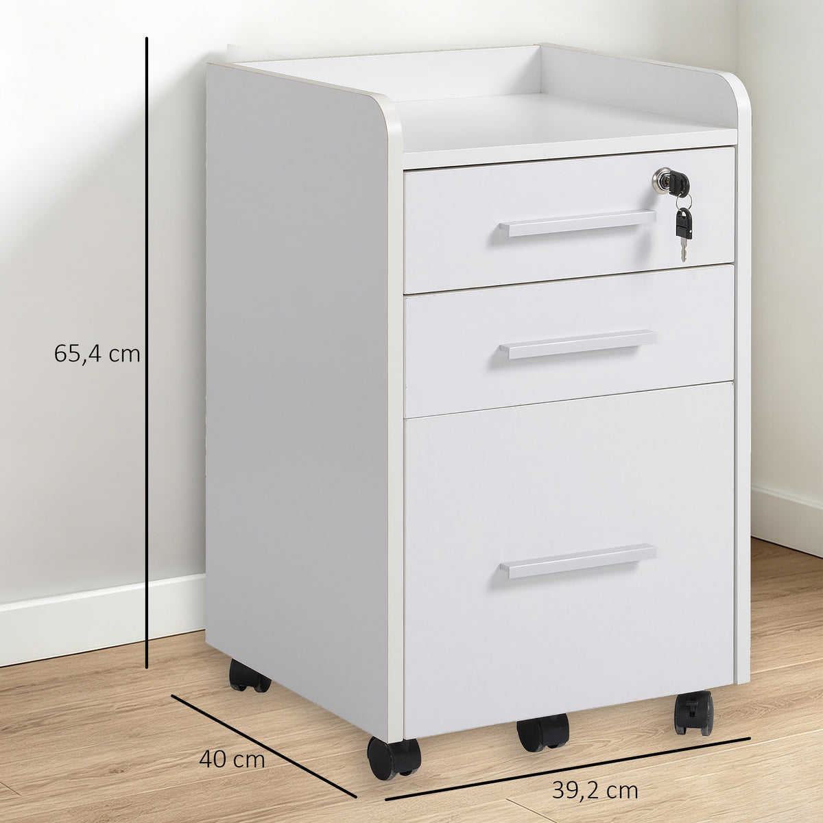 Caisson de bureau rangement bureau sur roulettes 3 tiroirs 1 verrouillable 1 trieur dossiers en bois blanc-2