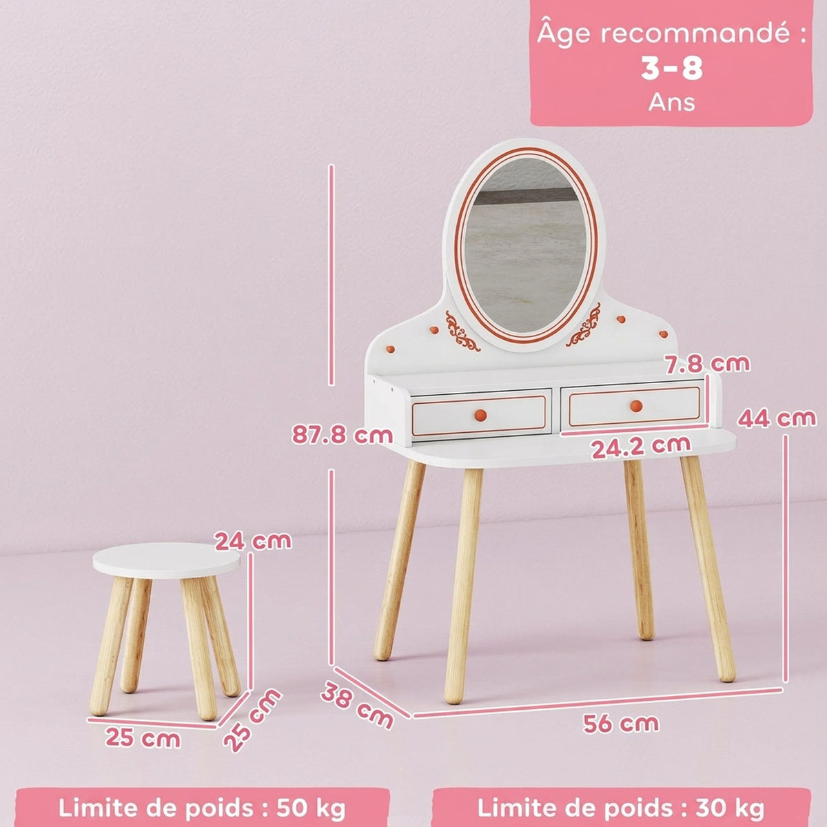 Coiffeuse Enfant en Bois avec Miroir Acrylique et Tabouret, 2 Tiroirs, Coins Arrondis, 3 à 8 Ans, 56x38x87,8cm, Blanc-2