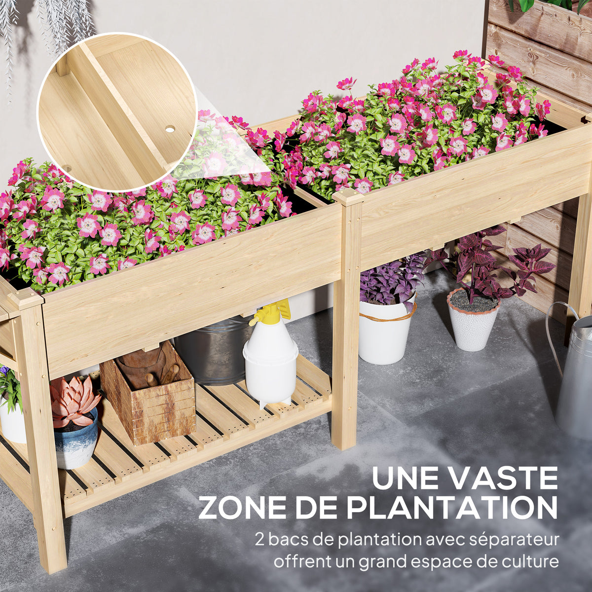 Jardinière sur pieds carré potager de jardin sur pieds 2 bacs tablette étagère inférieure 207 x 59 x 78 cm bois naturel-3