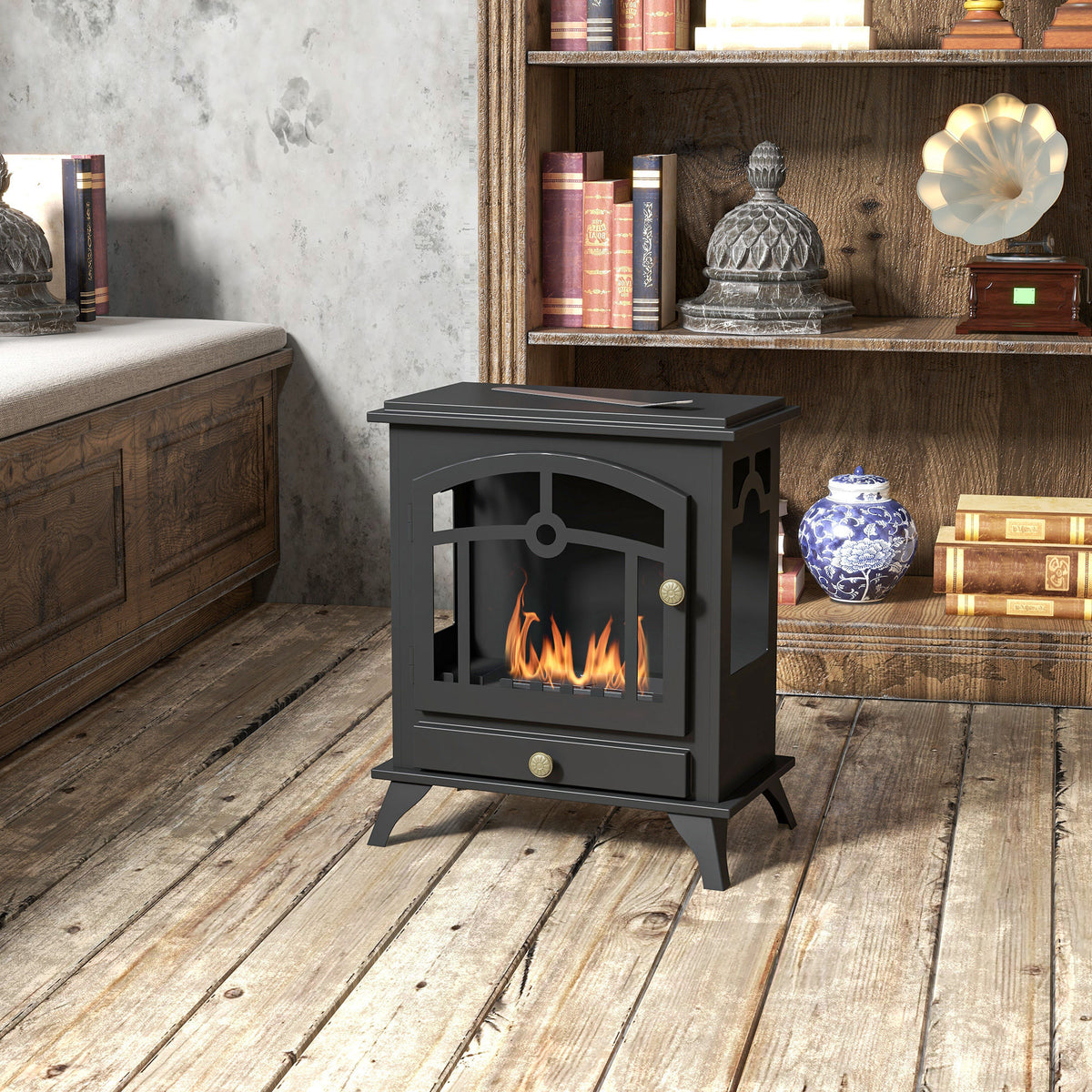 Cheminée bioéthanol sur Pied, brûleur 1,2 L, environ 3 h de durée de combustion Dim. 45L x 28l x 54H cm Acier Noir-1
