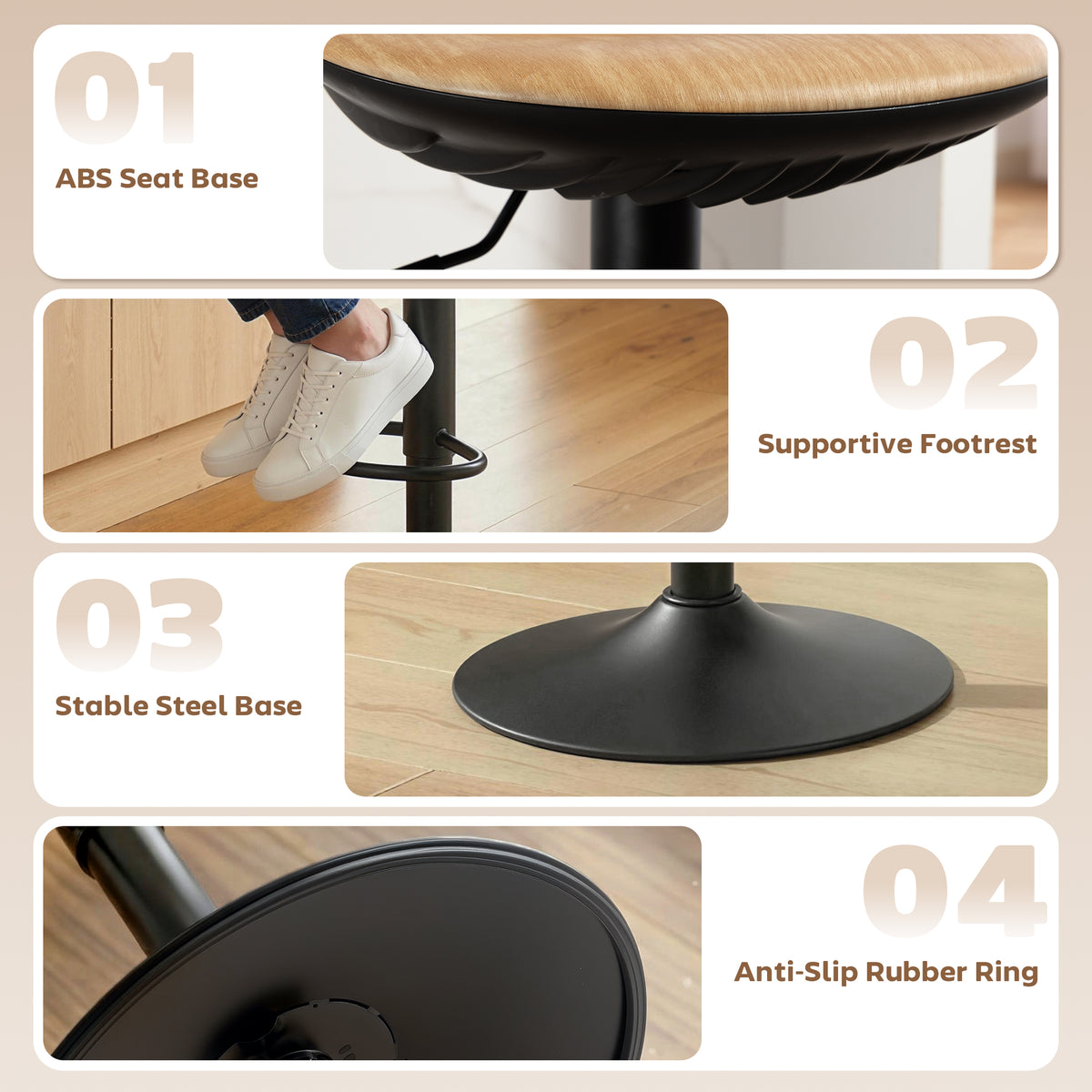 Lot de 2 tabourets de bar, chaises de bar réglables en hauteur avec repose-pieds, pivotant 360°, base en acier, chêne-7