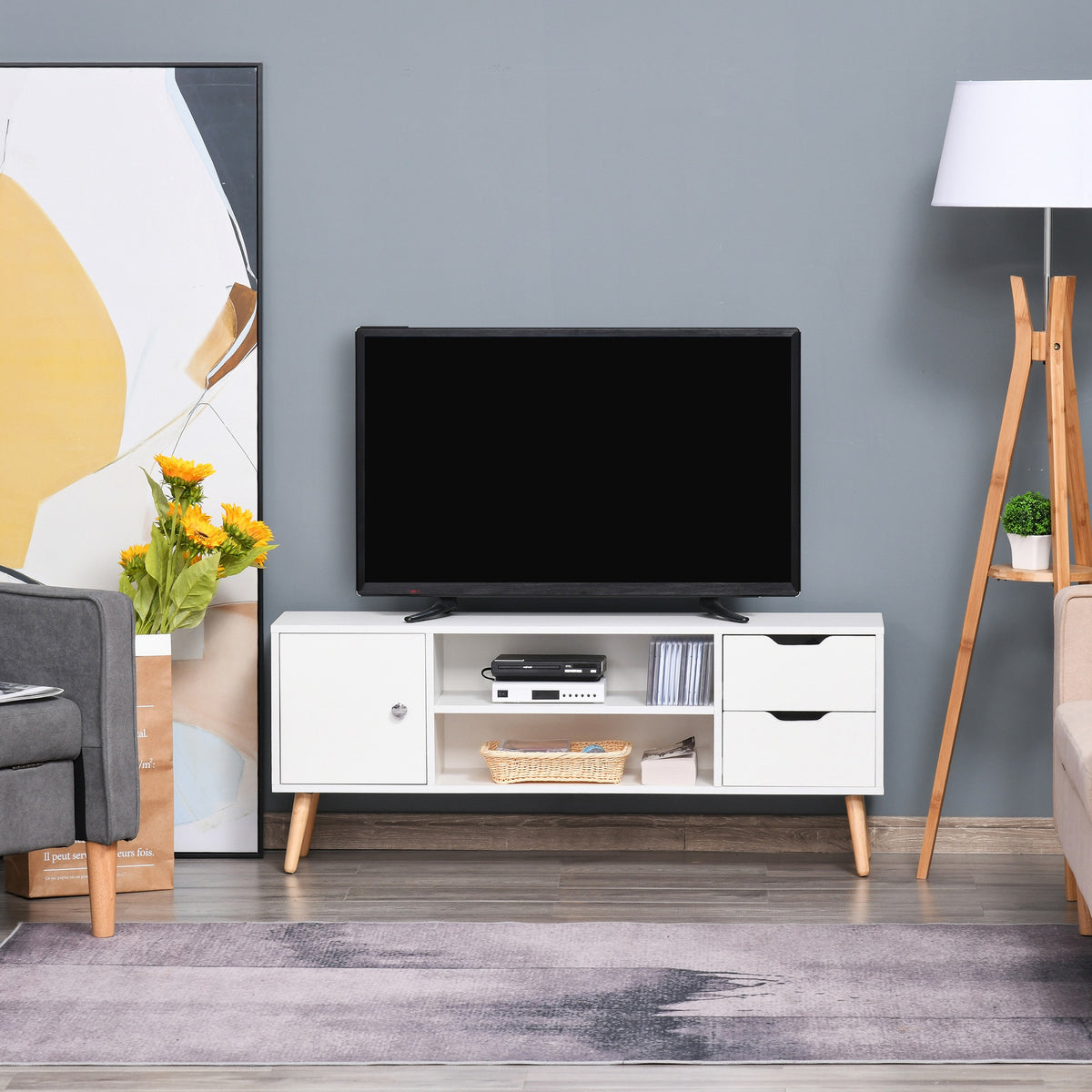 Meuble TV Banc TV Style scandinave Placard 2 niches 2 tiroirs Passe-Fils Panneaux Particules Blanc Bois pin-9