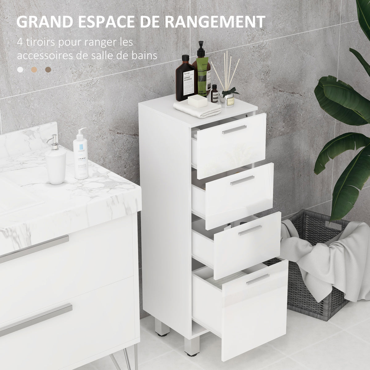 Meuble de salle de bain sur pied - 4 tiroirs et base surélevée, commode salle de bain salon chambre, 30x30x93cm, blanc-3
