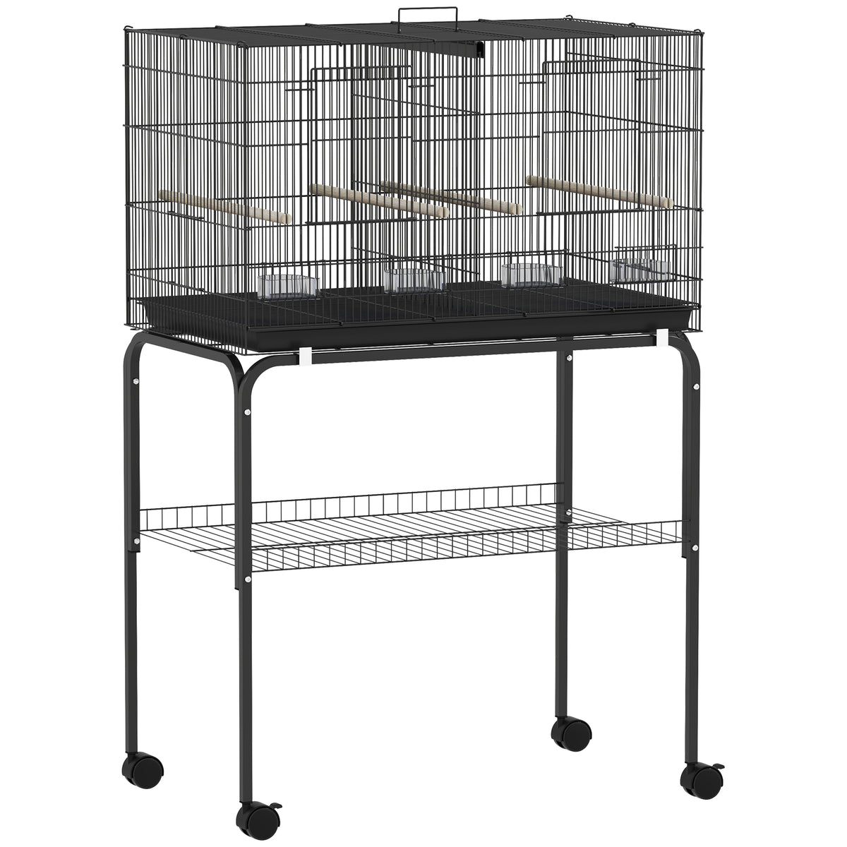 Cage à Oiseaux Volière Intérieur Acier avec Séparateur, 4 Perchoirs, Plateau Coulissant, 4 Mangeoires, 76x46x116cm, Noir-0