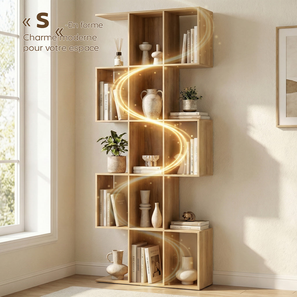 Bibliothèque à 5 niveaux, étagère de rangement en forme S avec 15 compartiments ouverts, 80 x 24 x 200 cm, chêne-3