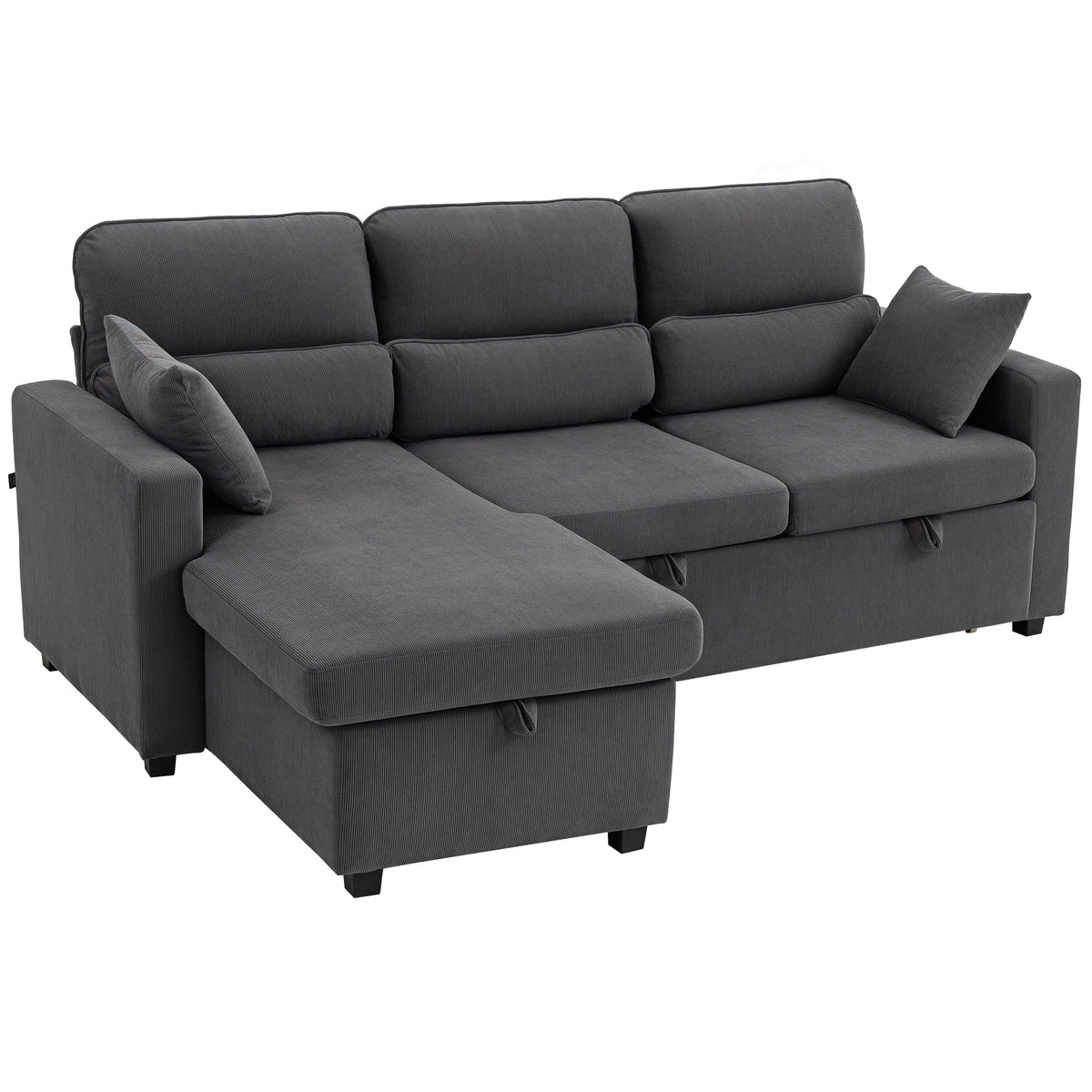Canapé d'angle convertible en velours côtelé, canapé-lit 3 places avec rangement caché, coussins, 205x135x76cm, gris-0