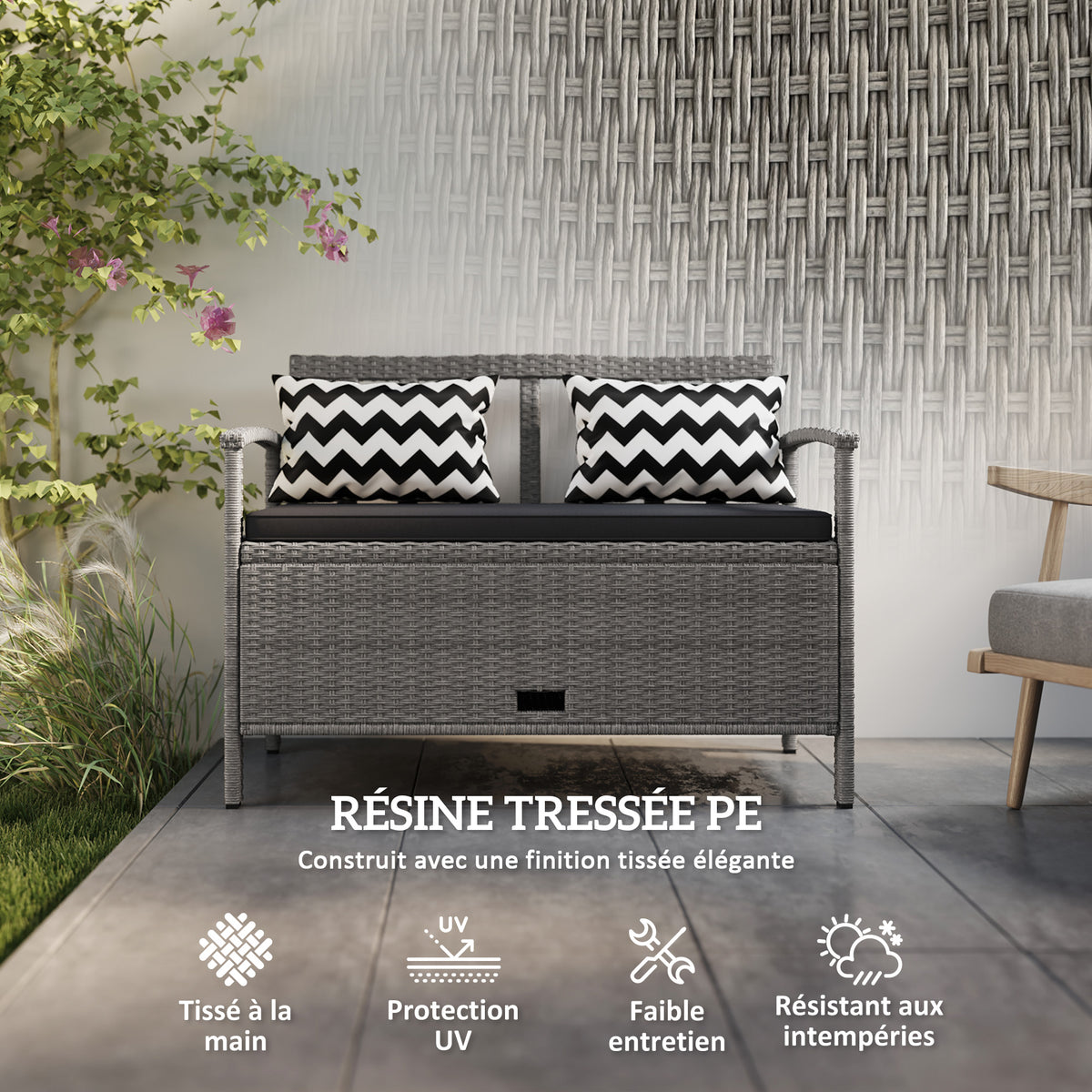 Banc extérieur jardin 2 places banc de rangement 160L en rotin PE avec coussin 2 oreillers 112 x 62 x 82 cm gris-4