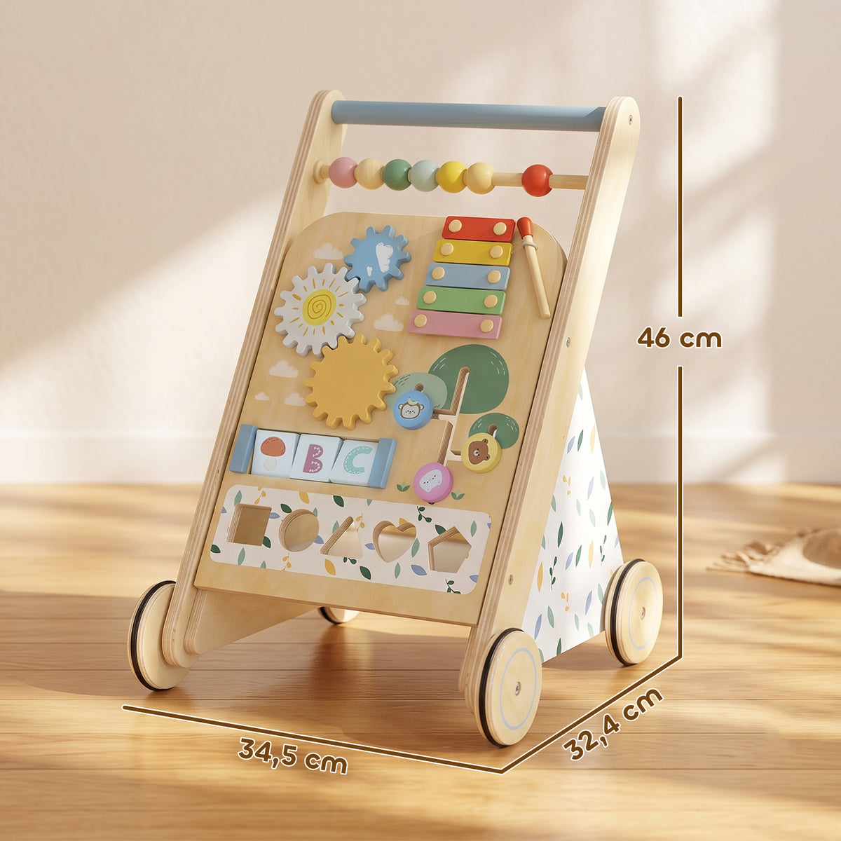 Trotteur Bebe en Bois, Chariot de Marche Bébé avec Centre d'Activités, Vitesse Réglable et 5 Blocs, dès 18 Mois, Naturel-2