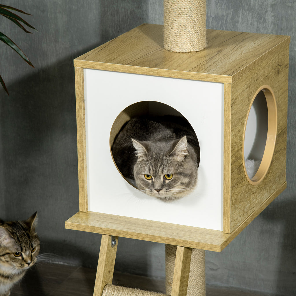 Arbre à chat sol au plafond hauteur réglable 225-285 cm avec poteau à gratter 4 niveaux niche hamac échelle jeux beige-8