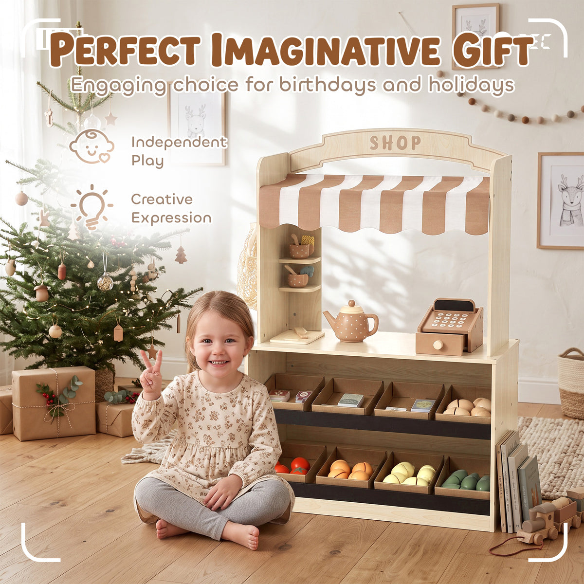 Marchande Enfants en Bois, Caisse Enregistreuse, Aliments Factices, Tableau à Craie et 61 Accessoires, pour 3 à 8 Ans-8
