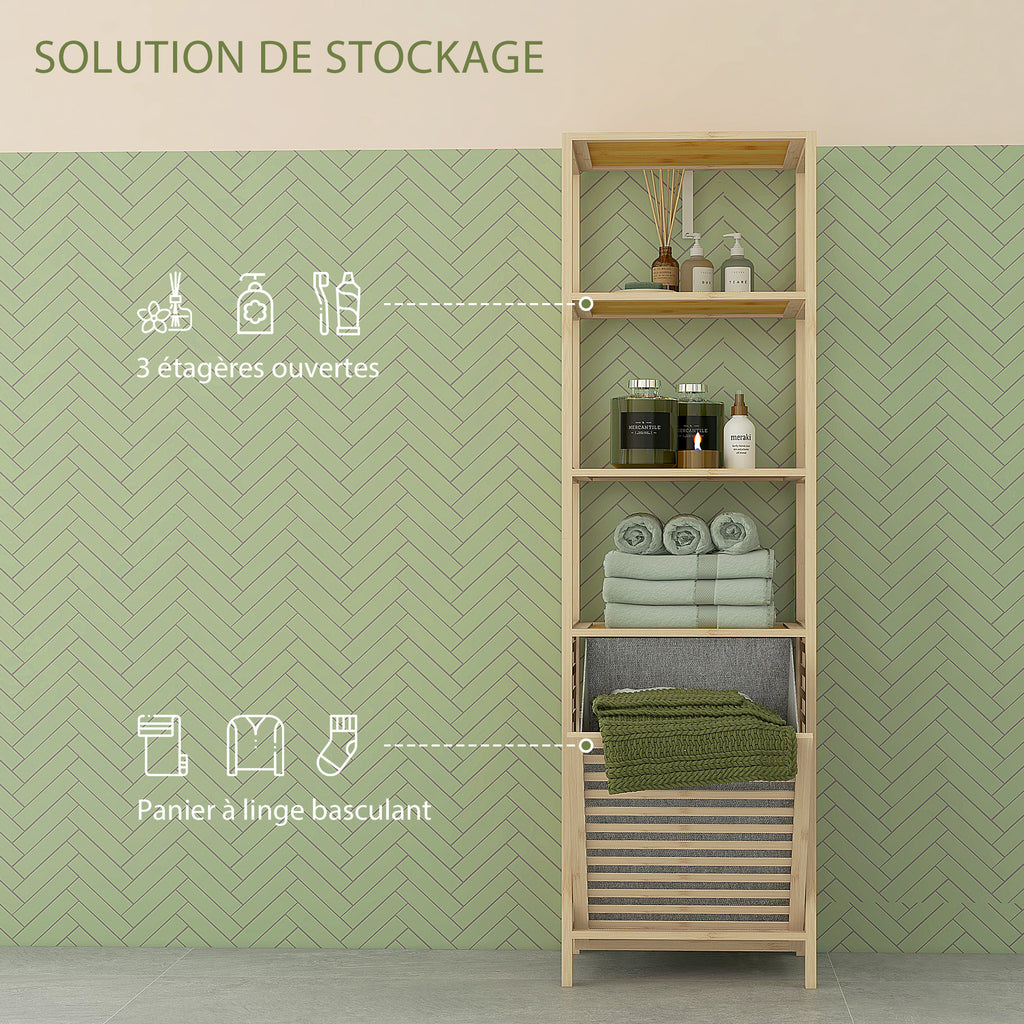 Etagère de rangement pour salle de bain en bambou avec 3 étagères et 1 panier à linge amovible 44L x 33l x 160H cm-3