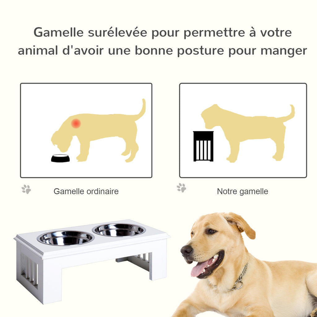 Gamelles chiens surélevées gamelle double chien chat Porte-gamelles surélevé dim. 44L x 24l x 15H cm 2 gamelles 0,9L acier inox. incluses bois blanc-3
