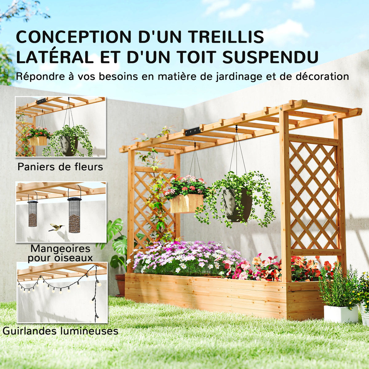 Jardinière surélevée avec treillis latéral et supérieur, bac à fleurs trous de drainage, 200x44x113,5cm, bois naturel-4