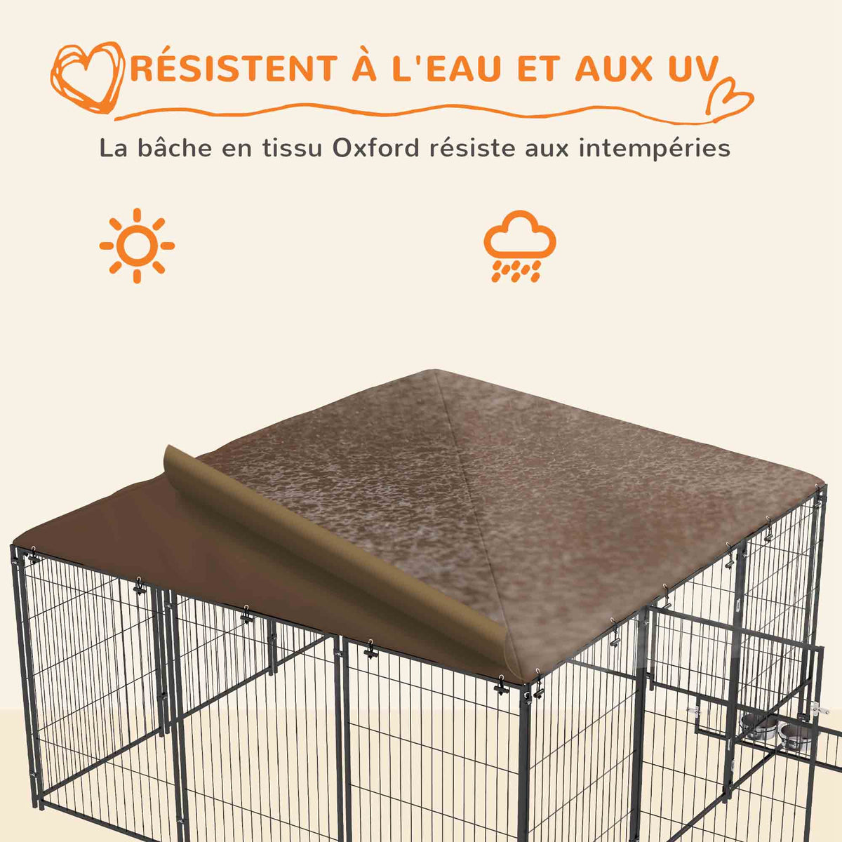 Chenil extérieur pour chiens en acier et tissu Oxford avec support gamelle toit 211 x 211 x 151 cm noir et café-4