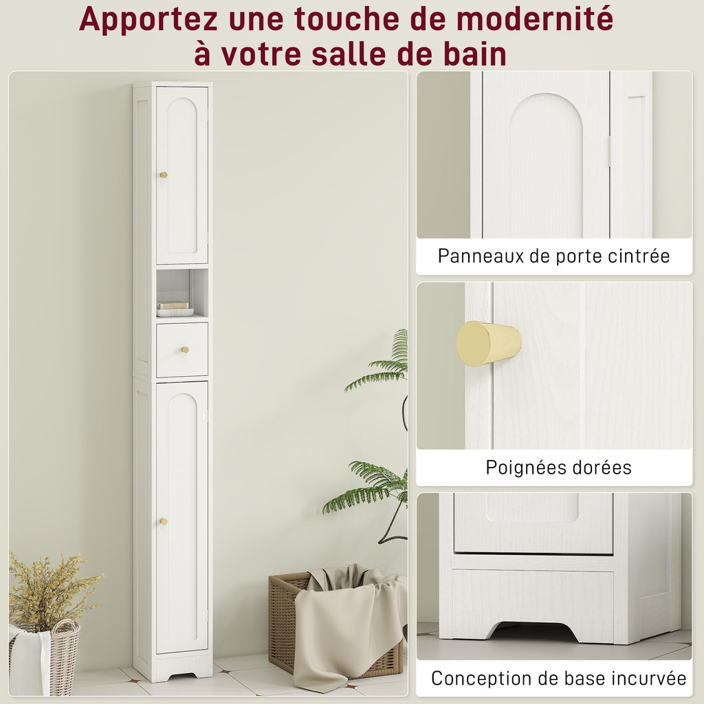 Meuble colonne salle de bain, meuble de rangement, 2 portes, tiroir, compartiment ouvert, étagère réglable, blanc-5