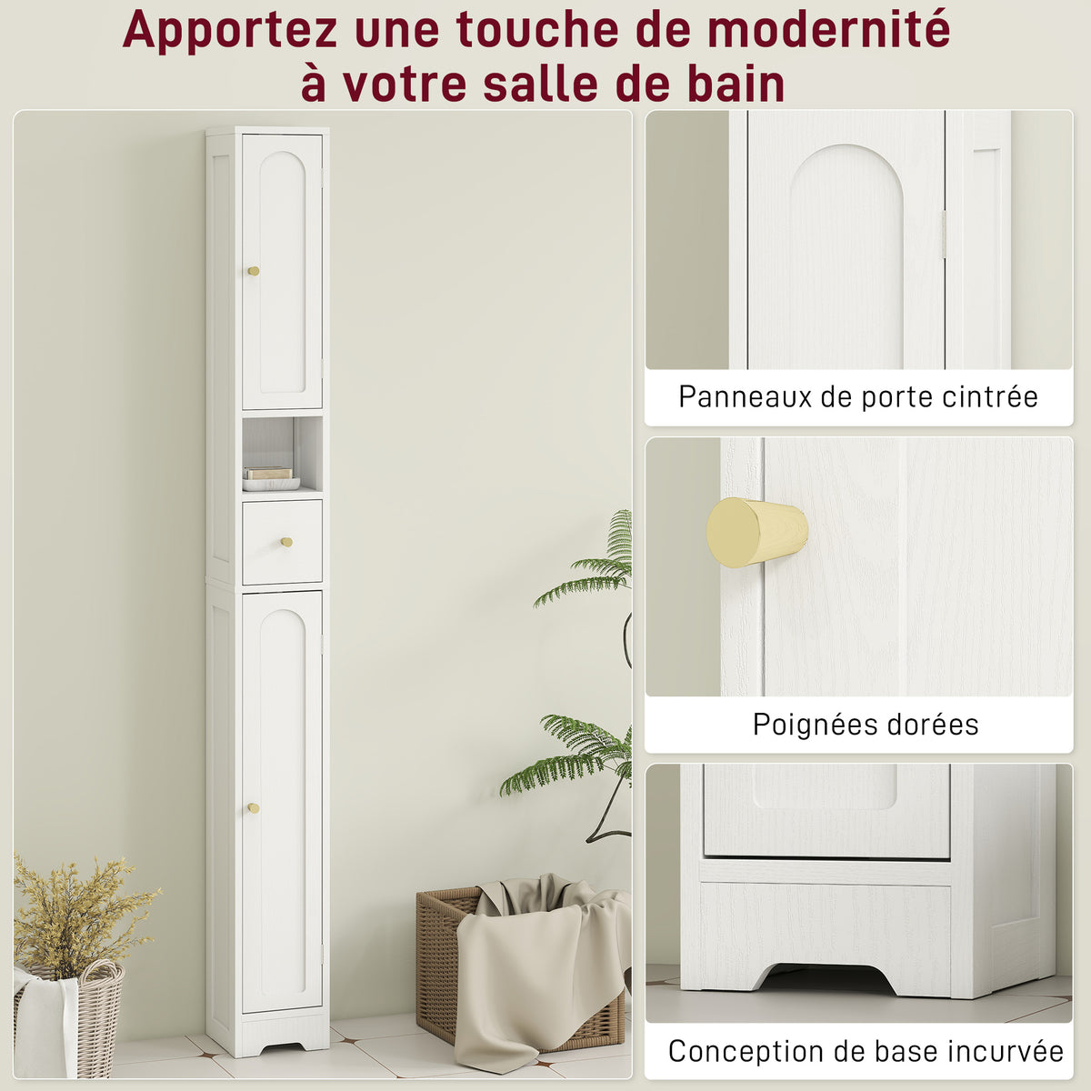 Meuble colonne salle de bain, meuble de rangement, 2 portes, tiroir, compartiment ouvert, étagère réglable, blanc-5