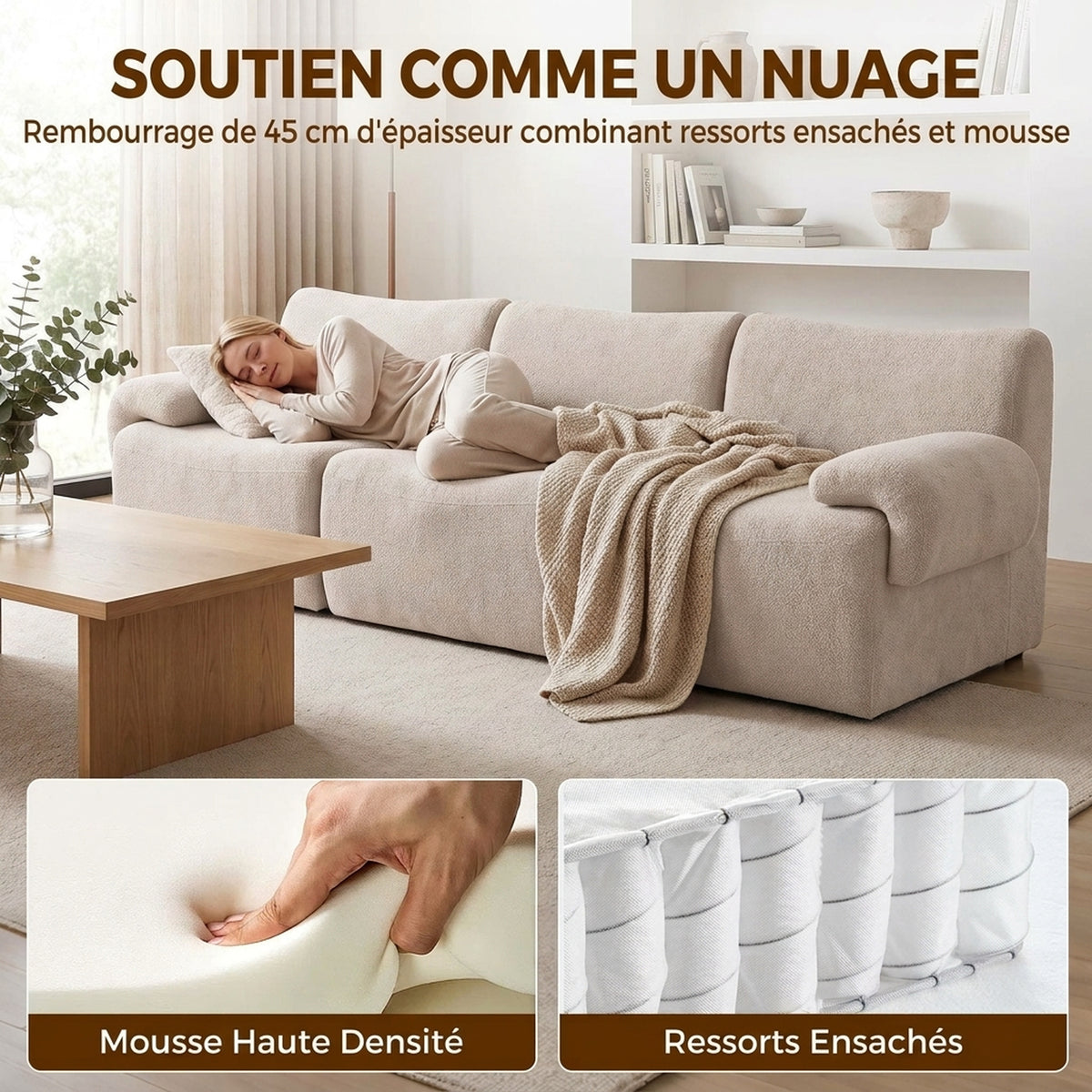 Canapé 3 Places Modulable 277 cm, Canapé Salon Compressé en Chenille Moderne, Assise Profonde, Accoudoirs Larges, Beige-4