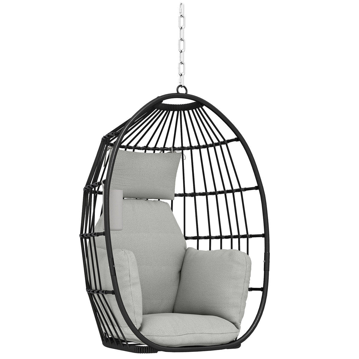 Fauteuil suspendu, fauteuil œuf suspendu, panier pliable, coussins rembourrés, porte-gobelet, oreiller, gris foncé-0