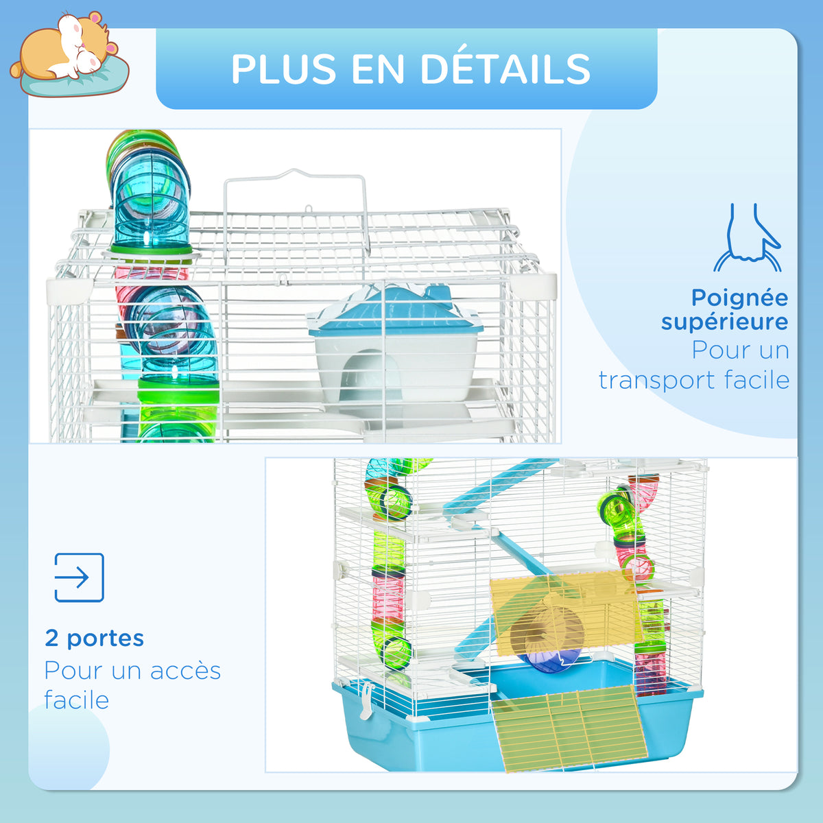 Grande cage pour hamsters cage pour rongeur 5 niveaux avec tunnels abreuvoir roue maisonnette échelles dim. 59L x 36l x 69H cm-6