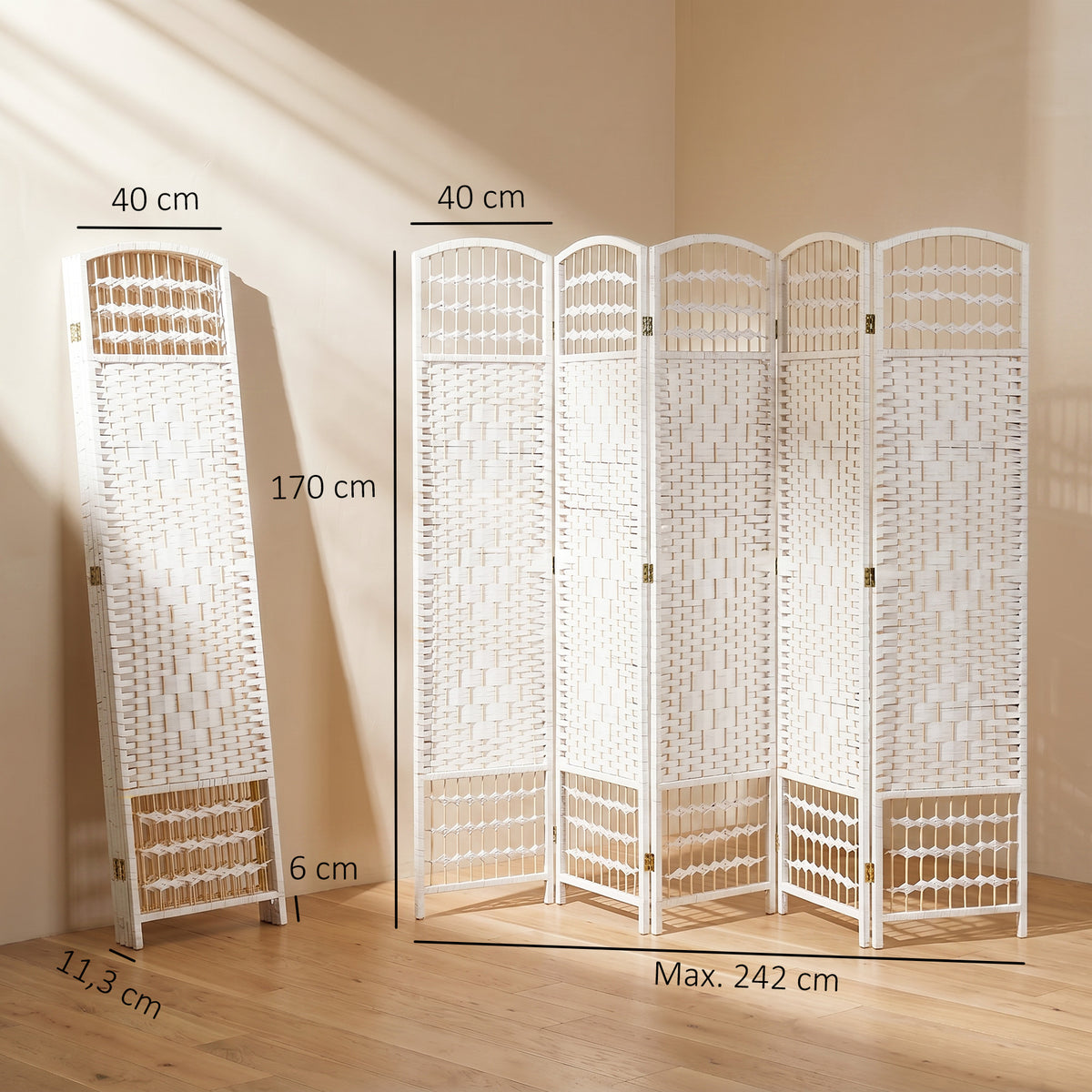 Paravent en bois 242 x 170 cm séparateur de pièce pliable 6 panneaux cloison de séparation chambre à coucher maison intérieur blanc-2