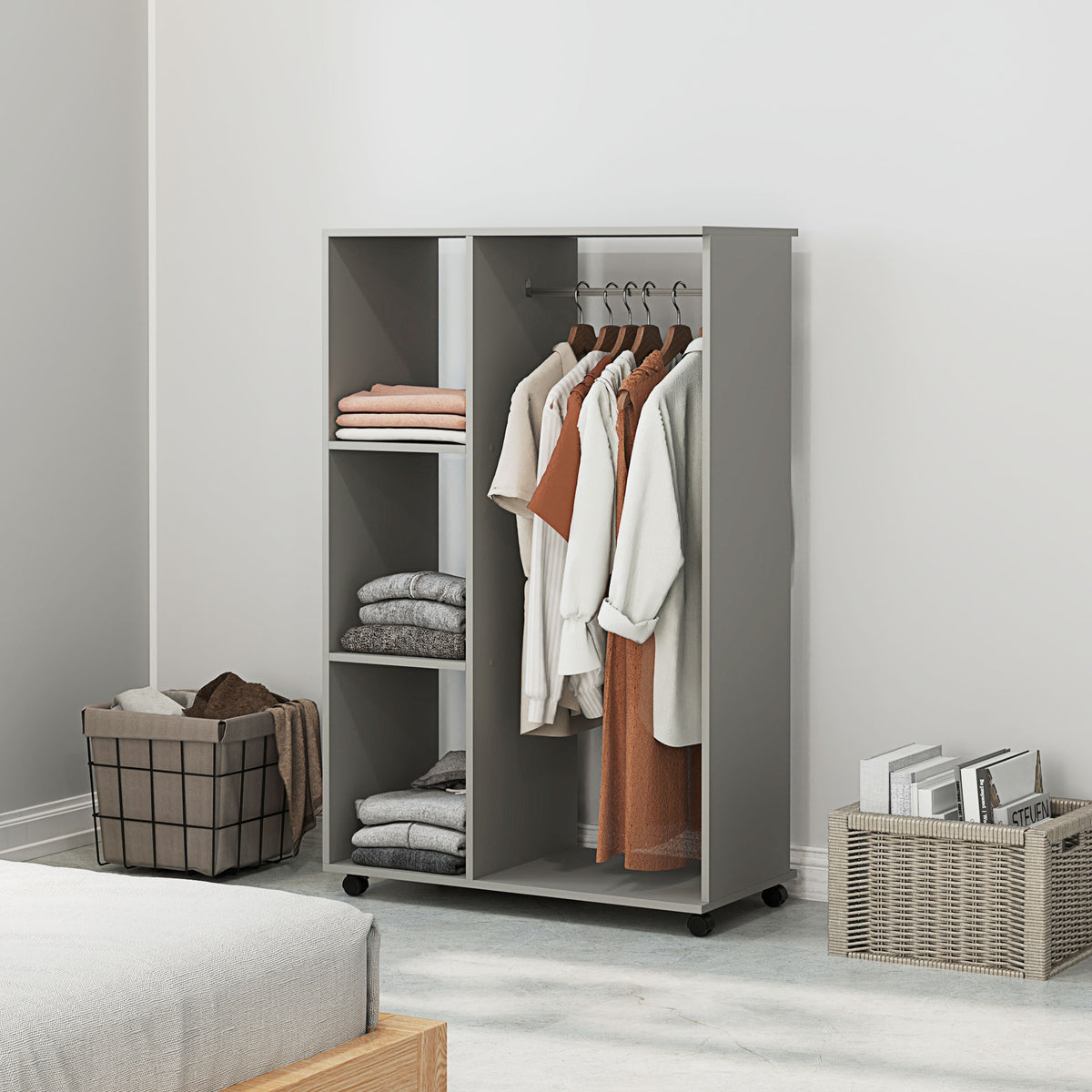 Armoire penderie meuble de rangement mobile 4 roulettes avec tringle à vêtements et étagères ouvertes, gris-1
