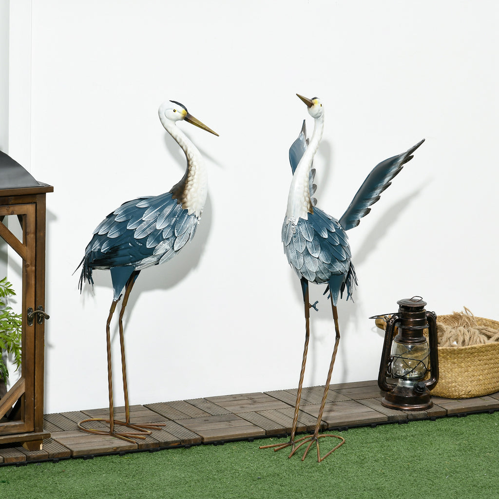 Lot de 2 statues jardin exterieur sculpture de héron en acier pour étang, patio, terrasse, pelouse, 74/70cm multicolore-6