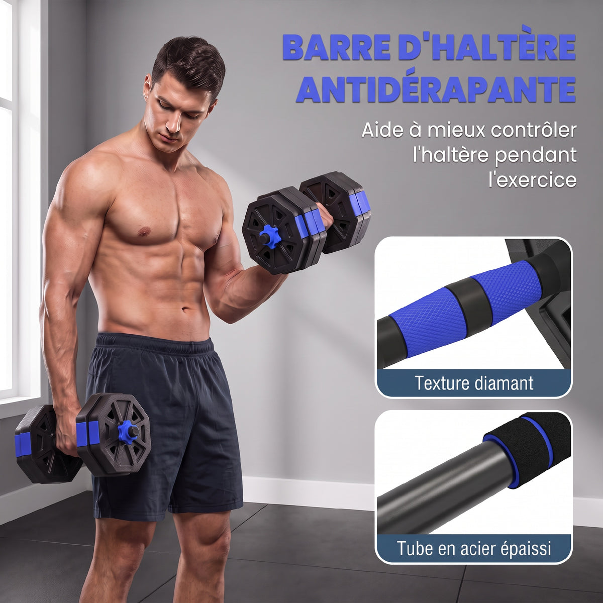 Ensemble d'haltères musculation 6-en-1 haltère réglable 25 kg kettlebell, barre de musculation support pour pompes bleu-6