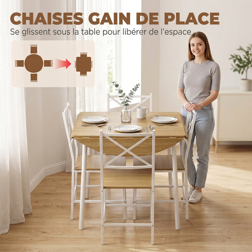 Ensemble Table Salle à Manger avec 4 Chaises pour 4 Personnes, Table de Cuisine Pliante 105 cm Chaises Empilables, Chêne-6