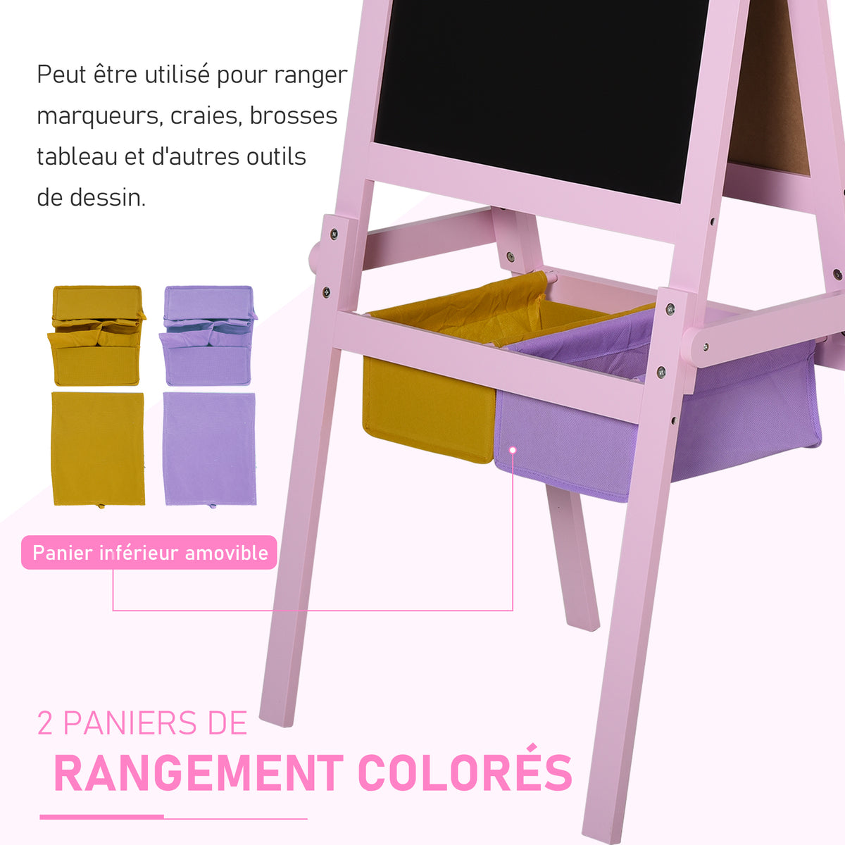 3 en 1 Tableau Enfant - chevalet Enfant - Ardoise Double Face - Tableau Blanc Tableau à Craie - Rouleau Papier avec accessoires + paniers Rangement intégrés - MDF Rose-5