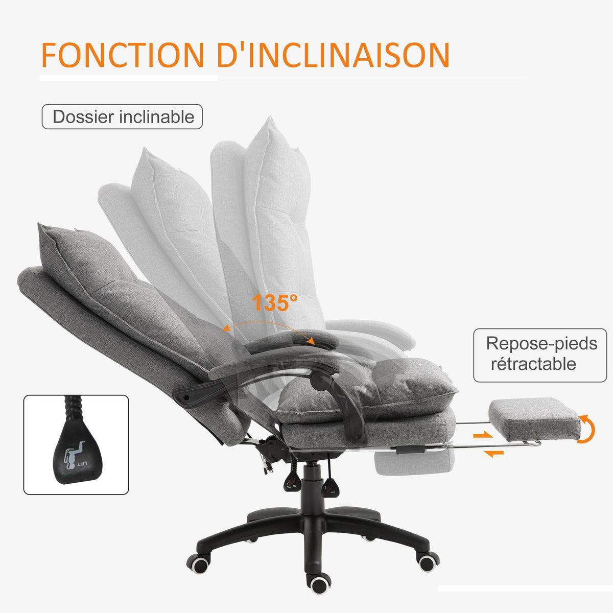 Fauteuil de bureau massant ergonomique, chaise de bureau avec dossier inclinable, hauteur réglable-4