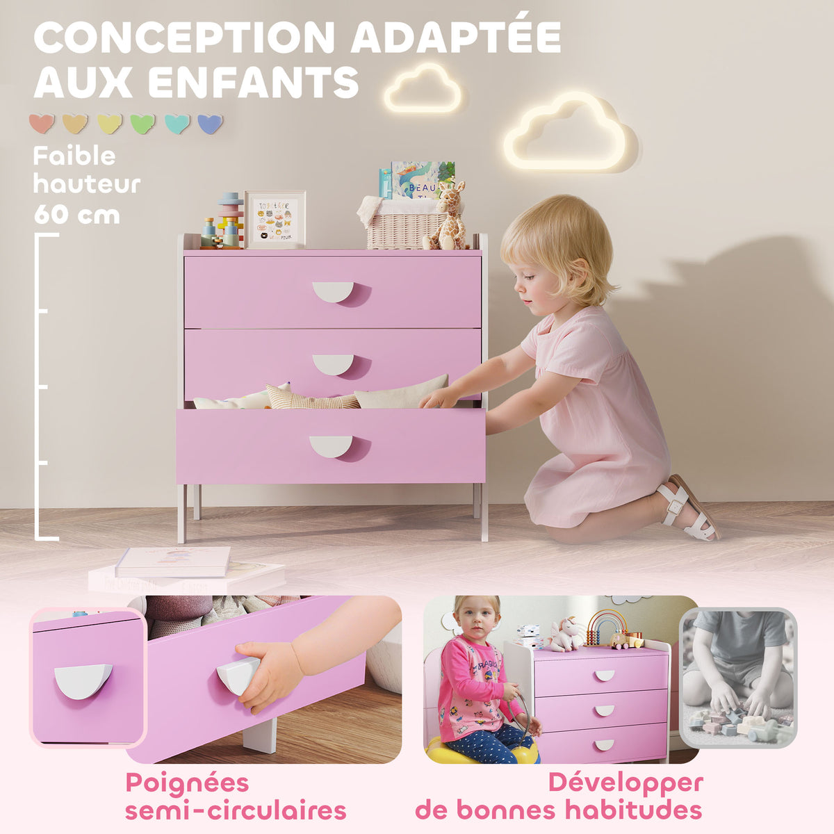 Commode pour enfants, commode rangement 3 tiroirs pour chambre d'enfant, crèche, salle de jeux, 60 x 40 x 60 cm, rose-4
