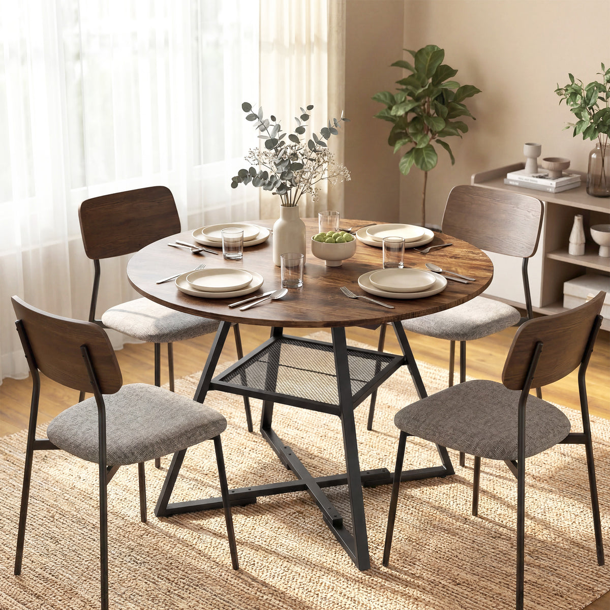 Table à manger ronde pour 4 personnes, Ø 100 x 76 cm, table de cuisine avec large plateau et étagère, brun rustique-1