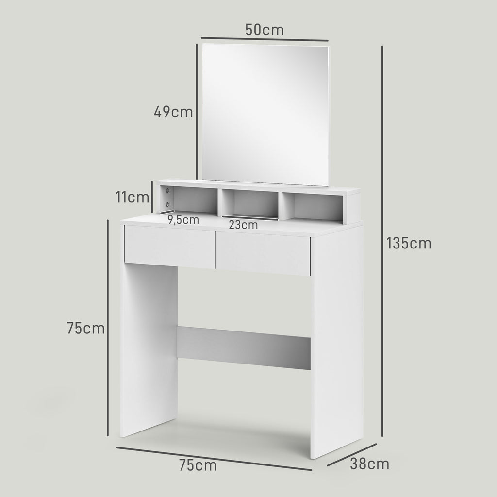 Coiffeuse avec miroir, table de maquillage avec 2 tiroirs et 3 compartiments, style moderne, 75 x 38 x 135 cm, blanc-2
