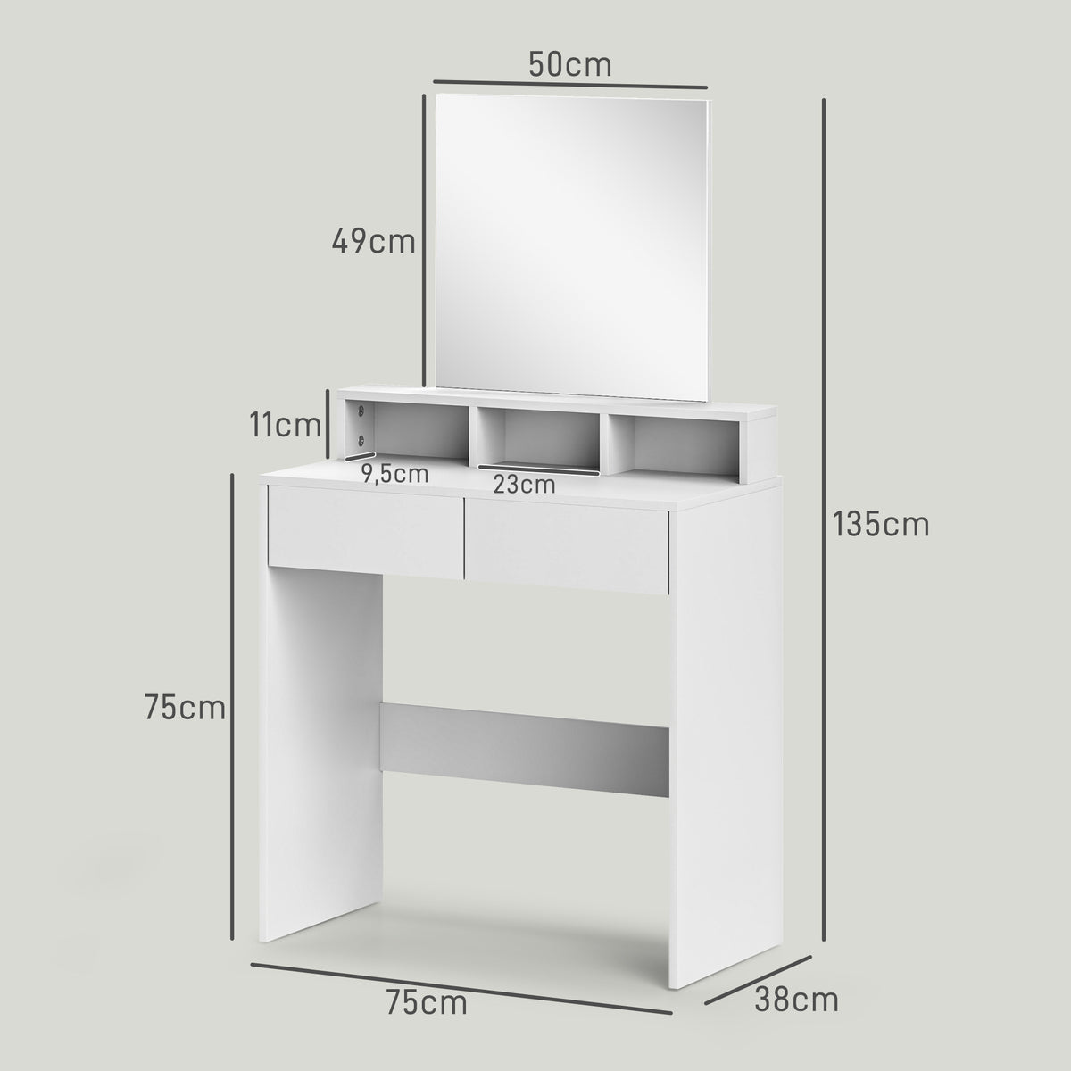 Coiffeuse avec miroir, table de maquillage avec 2 tiroirs et 3 compartiments, style moderne, 75 x 38 x 135 cm, blanc-2