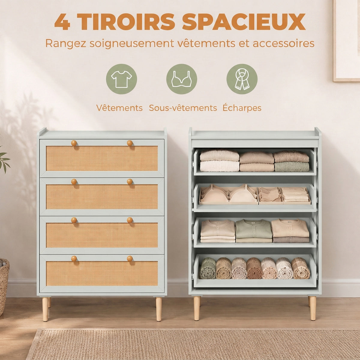 Commode 4 Tiroirs en Bois et Rotin PVC, Style Bohème, pour Chambre à Coucher, Entrée, Couloir, 80x40x109,2cm, Vert Sauge-4