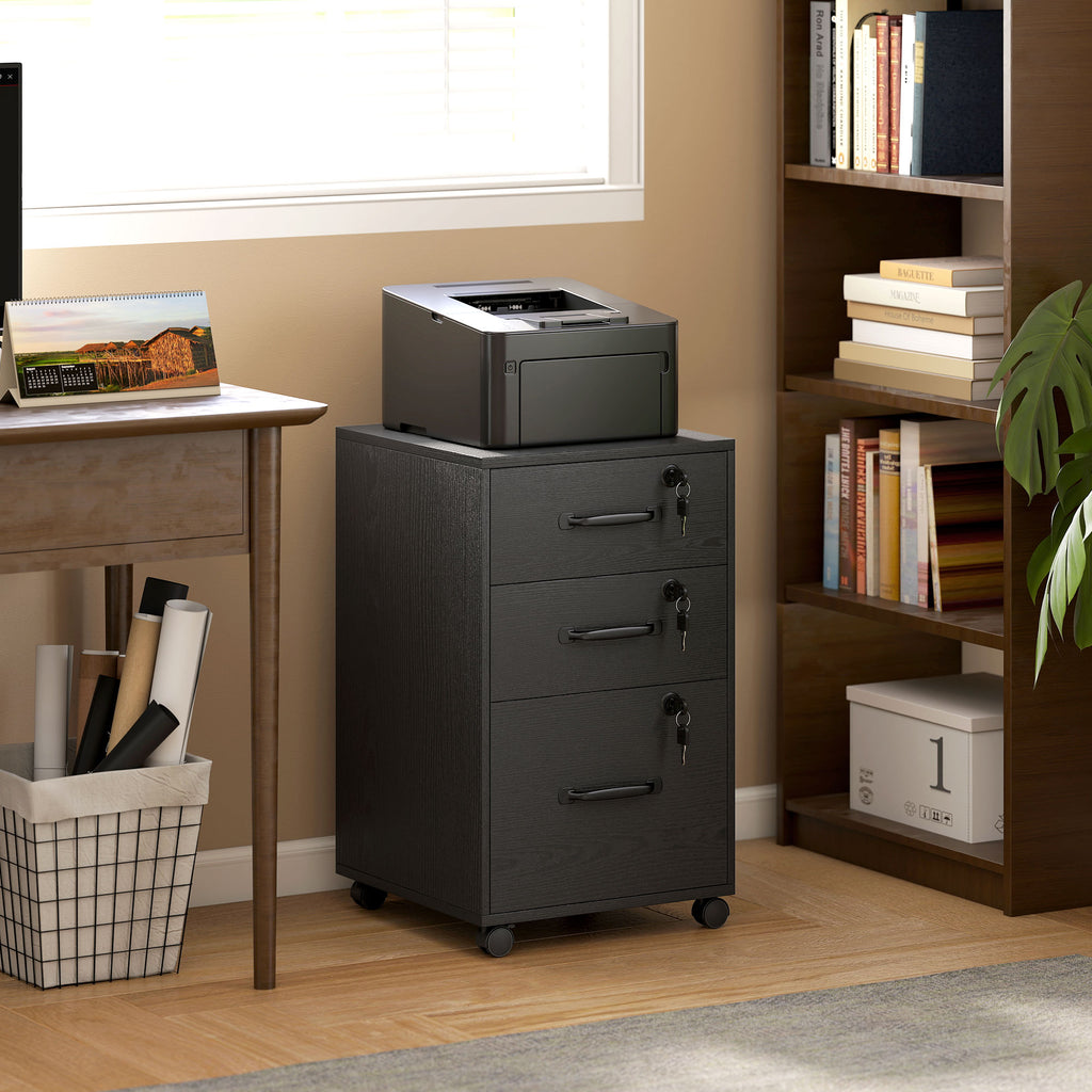 Caisson de Bureau Mobile avec 3 Tiroirs Verrouillables, Caisson de Rangement sur Roulettes, 40 x 40 x 69,5 cm, Noir-1