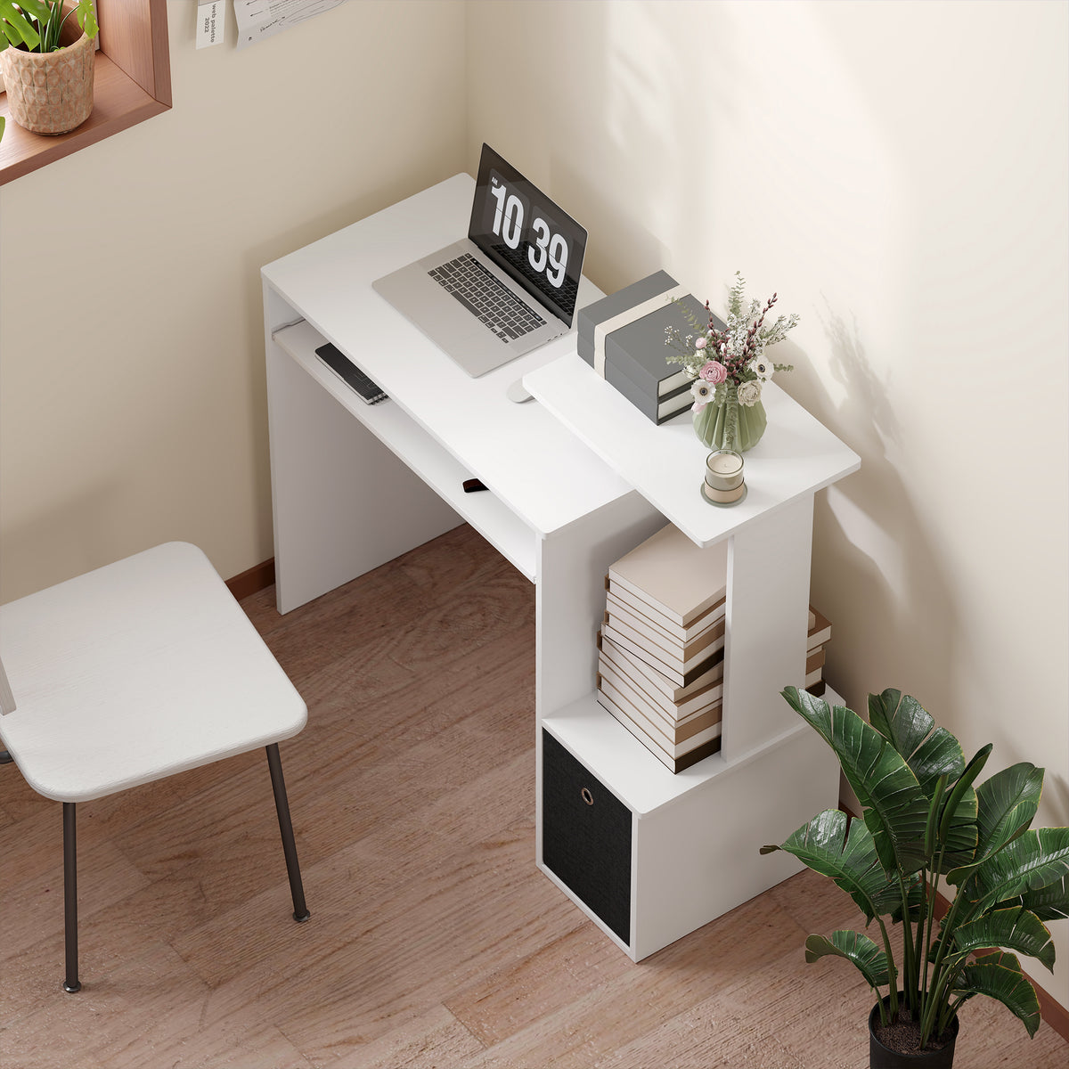 Bureau Informatique multimédia étagères Tablette Clavier Panier Noir Panneaux Particules Blanc-6