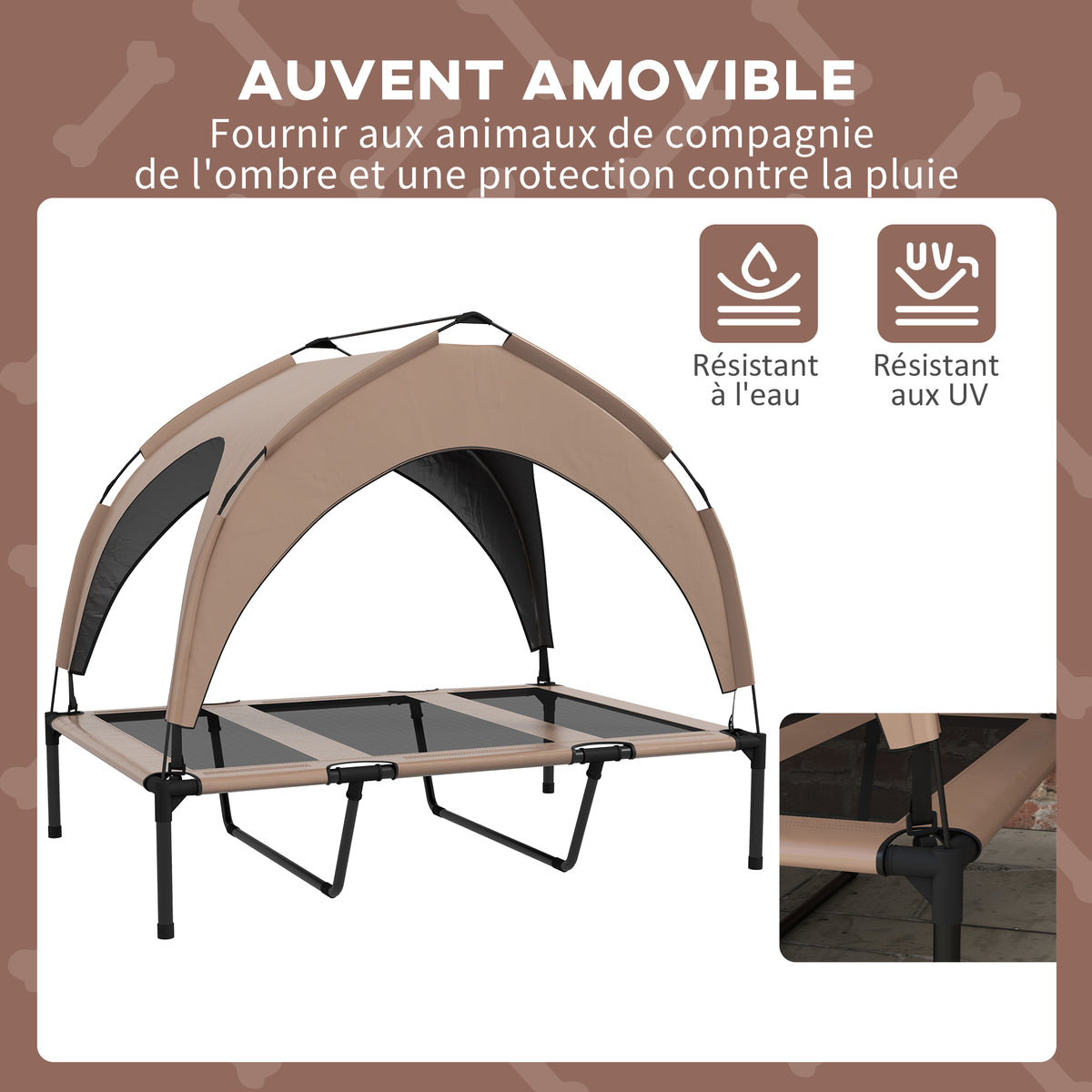 Lit pour chien chat sur pieds lit chien surélevé velum anti-UV oxford sac de transport 106 x 76 x 94 cm café-4