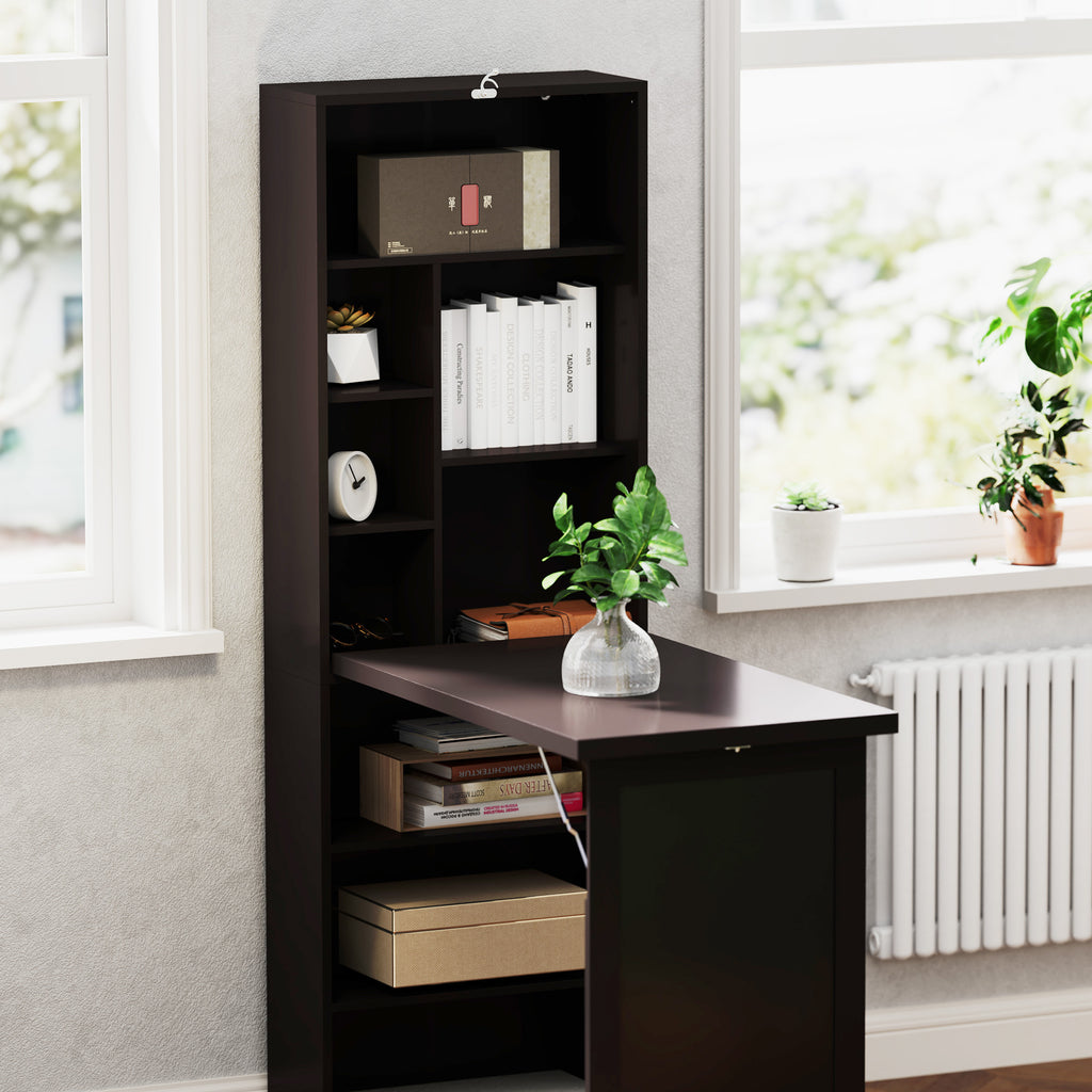 Bureau avec rangement pliable murale rabattable avec bibliothèque poste de travail tableau à craie et étagère réglable-7