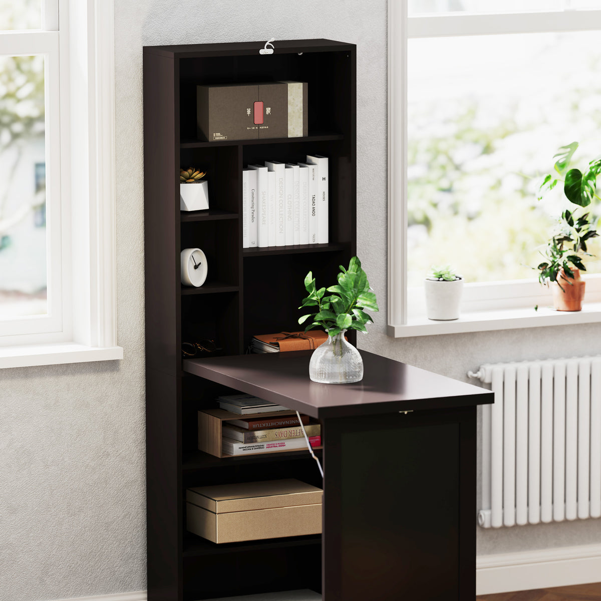 Bureau avec rangement pliable murale rabattable avec bibliothèque poste de travail tableau à craie et étagère réglable-7
