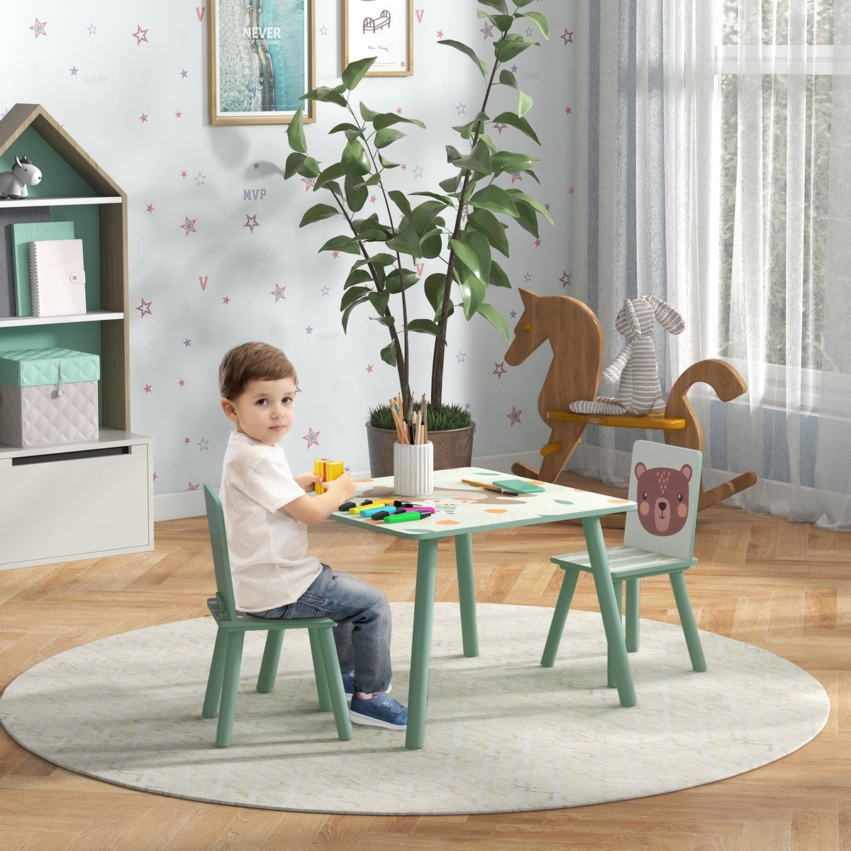 Table et 2 chaises pour enfants 3-8 ans ensemble 3 pièces motif animaux pour chambre à coucher salle de jeux vert-1