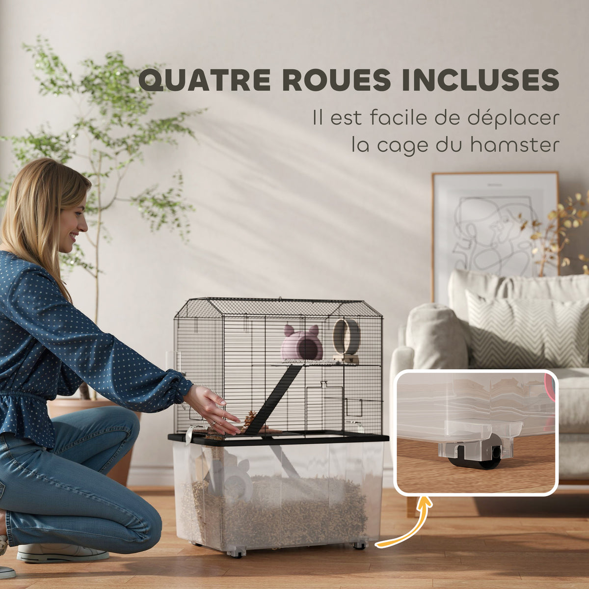 Cage hamster cage rongeur 3 étages avec roulettes plate-forme et échelle en fil d'acier 57 x 43 x 74 cm noir-4