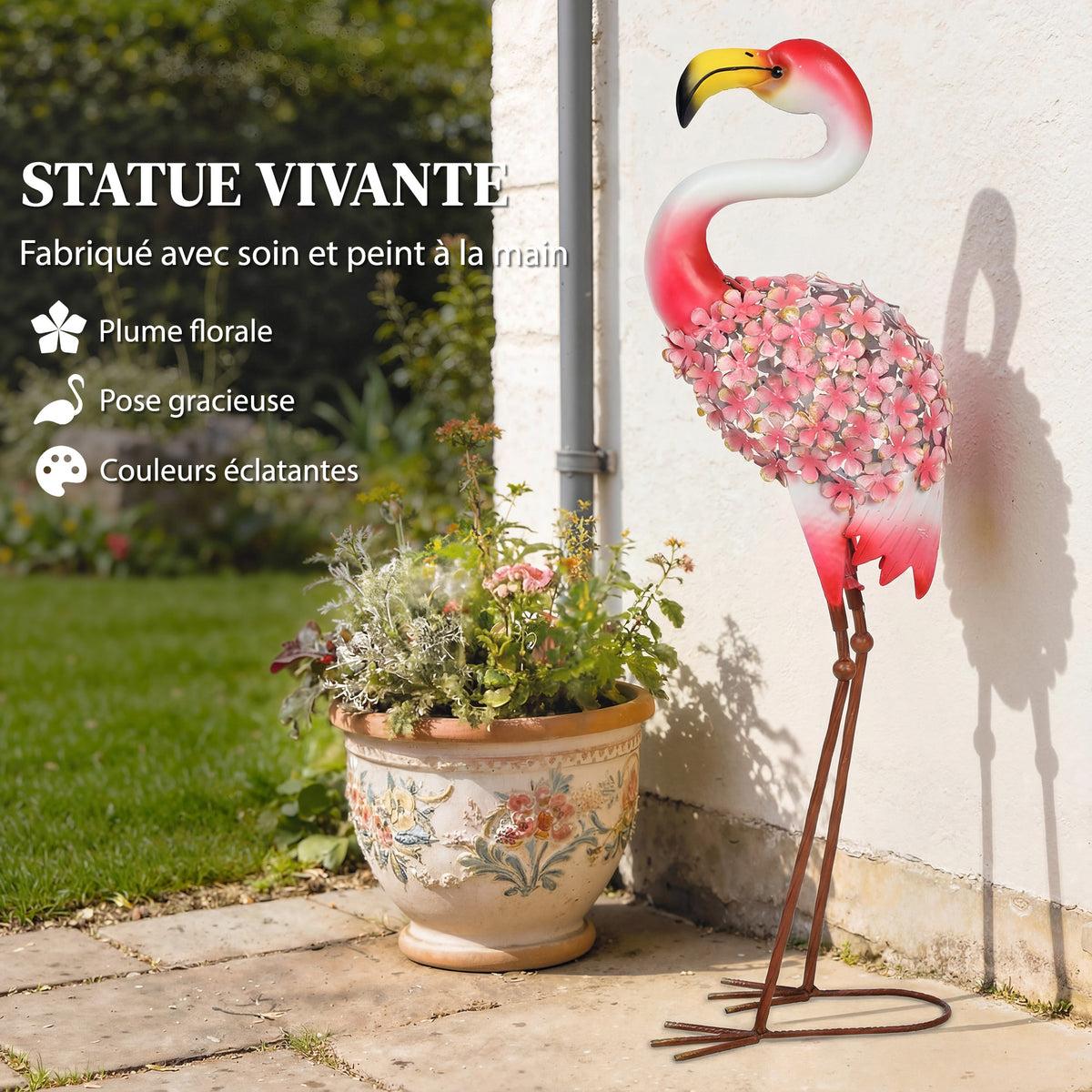 Statue de Jardin Flamant Rose, Sculpture d'Oiseau en Métal avec Plumes Florales, 28 x 19 x 83 cm, Rouge-3