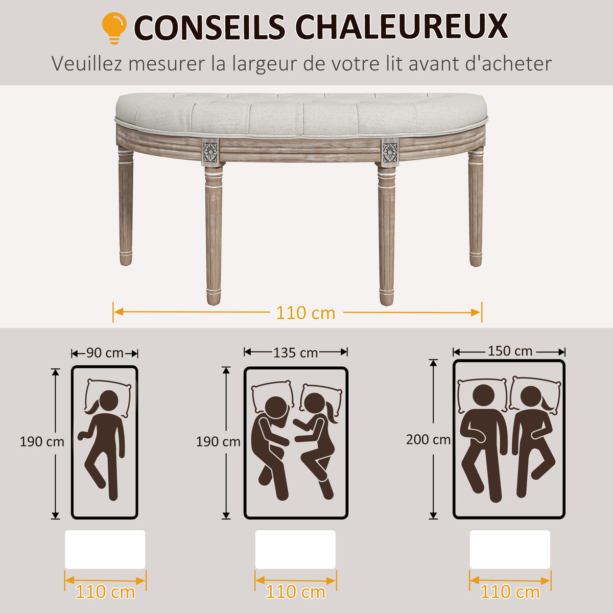 Banc bout de lit en forme demi-lune style Louis XVI structure en bois massif sculpté siège en tissu aspect lin crème-6