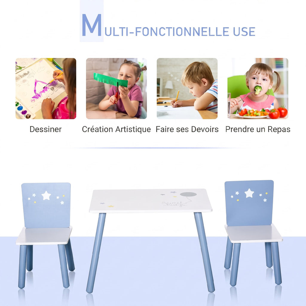Table enfant avec chaise, ensemble table et 2 chaises en bois pour dessiner, jouer, étudier, bleu-3